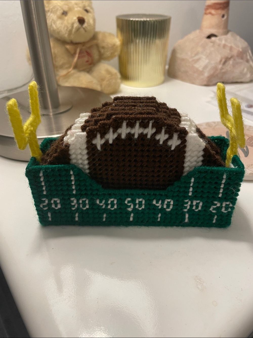 Handmade Green Football Coasters with Field Holder (Plastic Needlepoint)